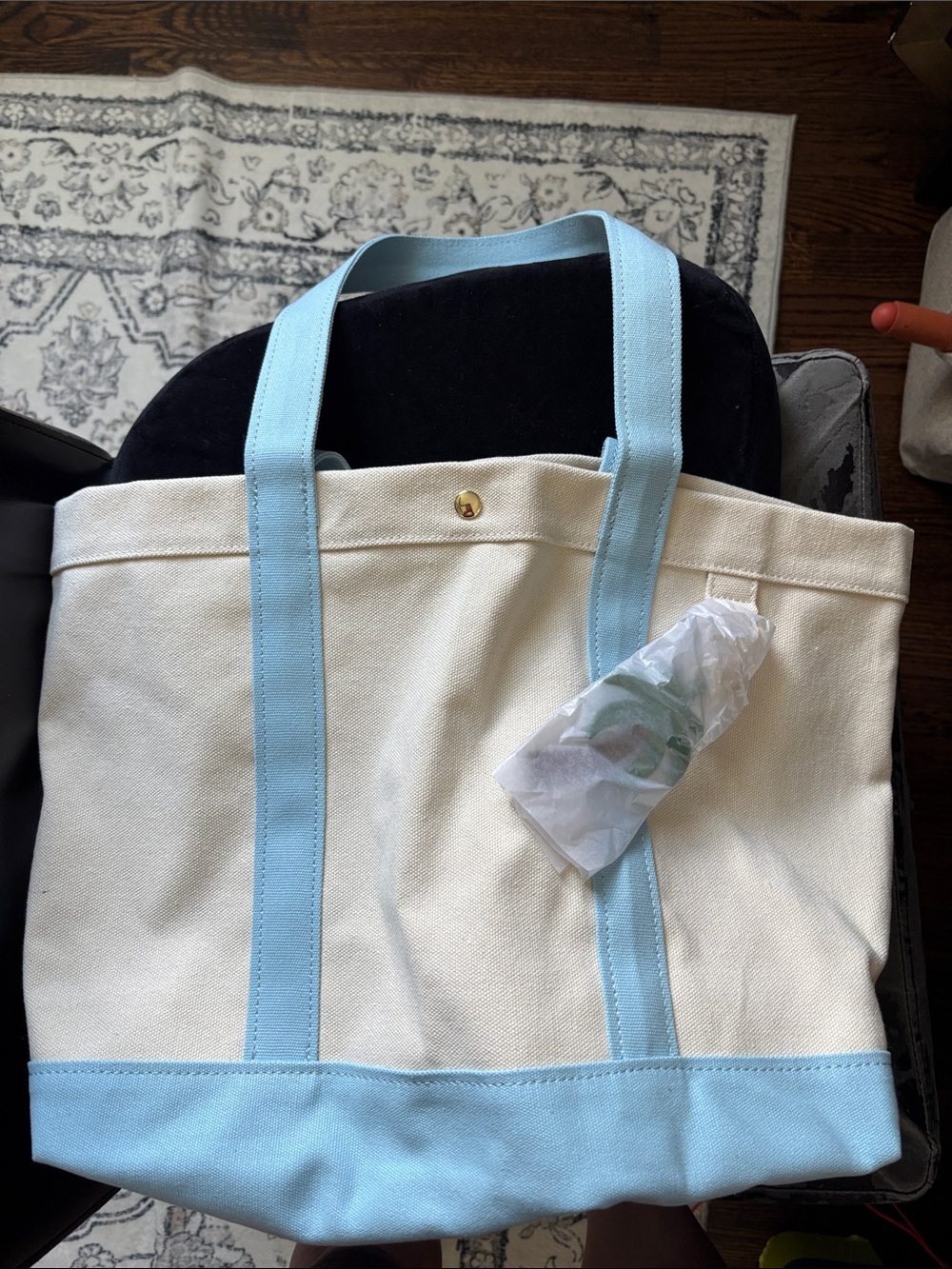 BaubleBar Canvas Tote with Light Blue Strap. Brand new. Never used